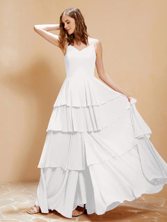 Boho V-neck Floor-length Dress Flowy Ruffles Ivory