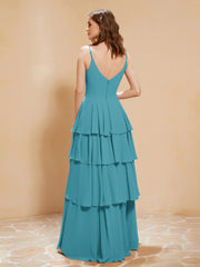 Boho V-neck Floor-length Dress Flowy Ruffles Jade