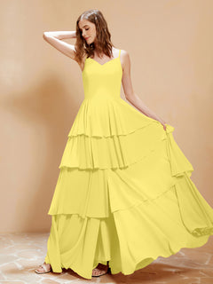 Boho V-neck Floor-length Dress Flowy Ruffles Lemon