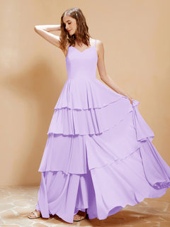 Boho V-neck Floor-length Dress Flowy Ruffles Lilac