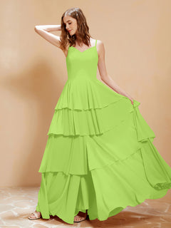 Boho V-neck Floor-length Dress Flowy Ruffles Lime Green