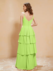 Boho V-neck Floor-length Dress Flowy Ruffles Lime Green