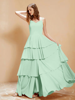 Boho V-neck Floor-length Dress Flowy Ruffles Mint Green
