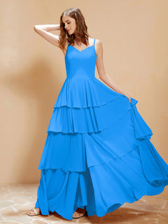 Boho V-neck Floor-length Dress Flowy Ruffles Ocean Blue