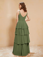 Boho V-neck Floor-length Dress Flowy Ruffles Olive Green
