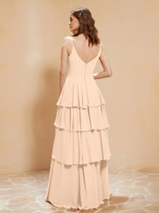 Boho V-neck Floor-length Dress Flowy Ruffles Peach Plus Size