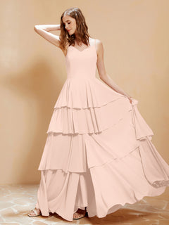 Boho V-neck Floor-length Dress Flowy Ruffles Pearl Pink