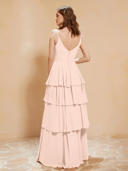 Boho V-neck Floor-length Dress Flowy Ruffles Pearl Pink Plus Size