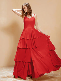 Boho V-neck Floor-length Dress Flowy Ruffles Red
