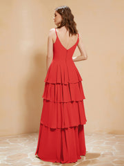 Boho V-neck Floor-length Dress Flowy Ruffles Red