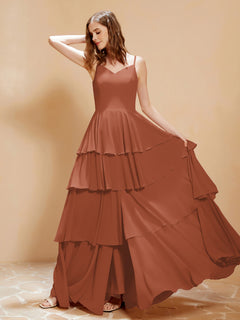 Boho V-neck Floor-length Dress Flowy Ruffles Rust