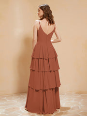 Boho V-neck Floor-length Dress Flowy Ruffles Rust