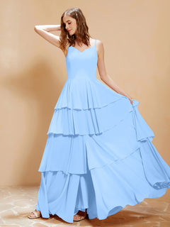 Boho V-neck Floor-length Dress Flowy Ruffles Sky Blue
