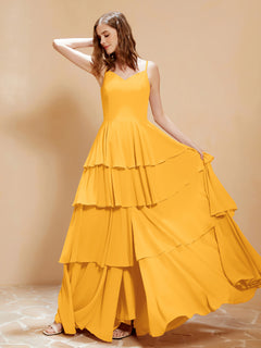 Boho V-neck Floor-length Dress Flowy Ruffles Tangerine