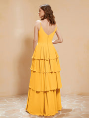 Boho V-neck Floor-length Dress Flowy Ruffles Tangerine