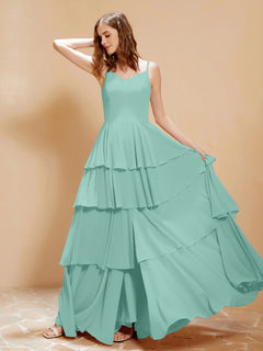 Boho V-neck Floor-length Dress Flowy Ruffles Turquoise