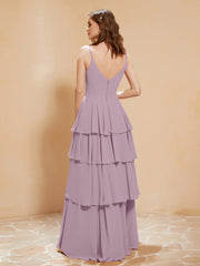 Boho V-neck Floor-length Dress Flowy Ruffles Vintage Mauve