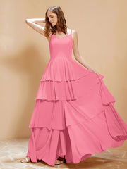 Boho V-neck Floor-length Dress Flowy Ruffles Watermelon