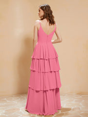 Boho V-neck Floor-length Dress Flowy Ruffles Watermelon