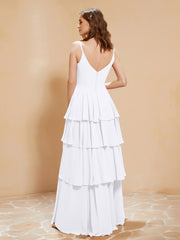 Boho V-neck Floor-length Dress Flowy Ruffles White