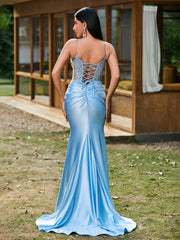 Plunging V-Neck Appliqued Stretch Satin Mermaid Dress Sky Blue
