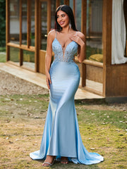 Plunging V-Neck Appliqued Stretch Satin Mermaid Dress Sky Blue