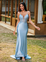 Plunging V-Neck Appliqued Stretch Satin Mermaid Dress Sky Blue