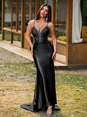 Plunging V-Neck Appliqued Stretch Satin Mermaid Dress Black