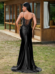 Plunging V-Neck Appliqued Stretch Satin Mermaid Dress Black