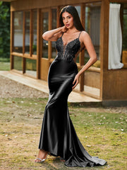 Plunging V-Neck Appliqued Stretch Satin Mermaid Dress Black