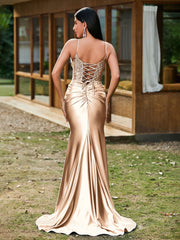 Plunging V-Neck Appliqued Stretch Satin Mermaid Dress Champagne