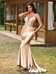 Plunging V-Neck Appliqued Stretch Satin Mermaid Dress Champagne
