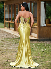 Plunging V-Neck Appliqued Stretch Satin Mermaid Dress Daffodil
