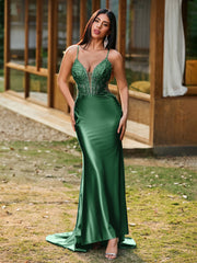 Plunging V-Neck Appliqued Stretch Satin Mermaid Dress Dark Green