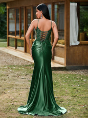 Plunging V-Neck Appliqued Stretch Satin Mermaid Dress Dark Green
