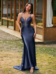 Plunging V-Neck Appliqued Stretch Satin Mermaid Dress Dark Navy