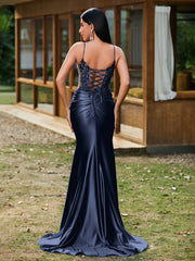 Plunging V-Neck Appliqued Stretch Satin Mermaid Dress Dark Navy