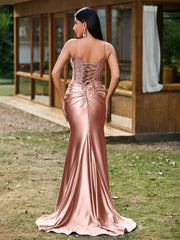 Plunging V-Neck Appliqued Stretch Satin Mermaid Dress Dusty Rose
