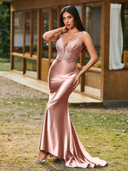 Plunging V-Neck Appliqued Stretch Satin Mermaid Dress Dusty Rose