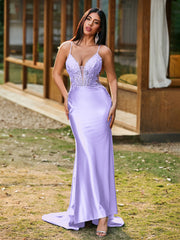 Plunging V-Neck Appliqued Stretch Satin Mermaid Dress Lilac