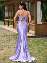 Plunging V-Neck Appliqued Stretch Satin Mermaid Dress Lilac