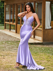 Plunging V-Neck Appliqued Stretch Satin Mermaid Dress Lilac