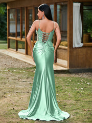 Plunging V-Neck Appliqued Stretch Satin Mermaid Dress Mint Green