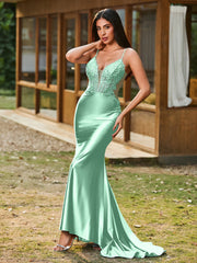 Plunging V-Neck Appliqued Stretch Satin Mermaid Dress Mint Green