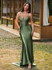 Plunging V-Neck Appliqued Stretch Satin Mermaid Dress Olive Green