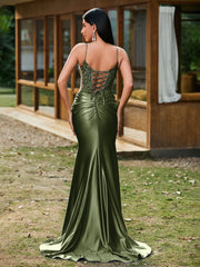 Plunging V-Neck Appliqued Stretch Satin Mermaid Dress Olive Green