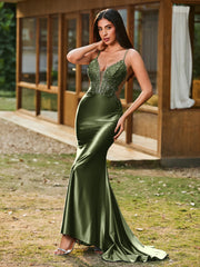 Plunging V-Neck Appliqued Stretch Satin Mermaid Dress Olive Green