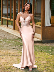 Plunging V-Neck Appliqued Stretch Satin Mermaid Dress Pearl Pink