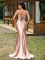Plunging V-Neck Appliqued Stretch Satin Mermaid Dress Pearl Pink