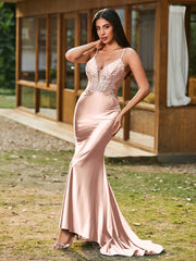 Plunging V-Neck Appliqued Stretch Satin Mermaid Dress Pearl Pink